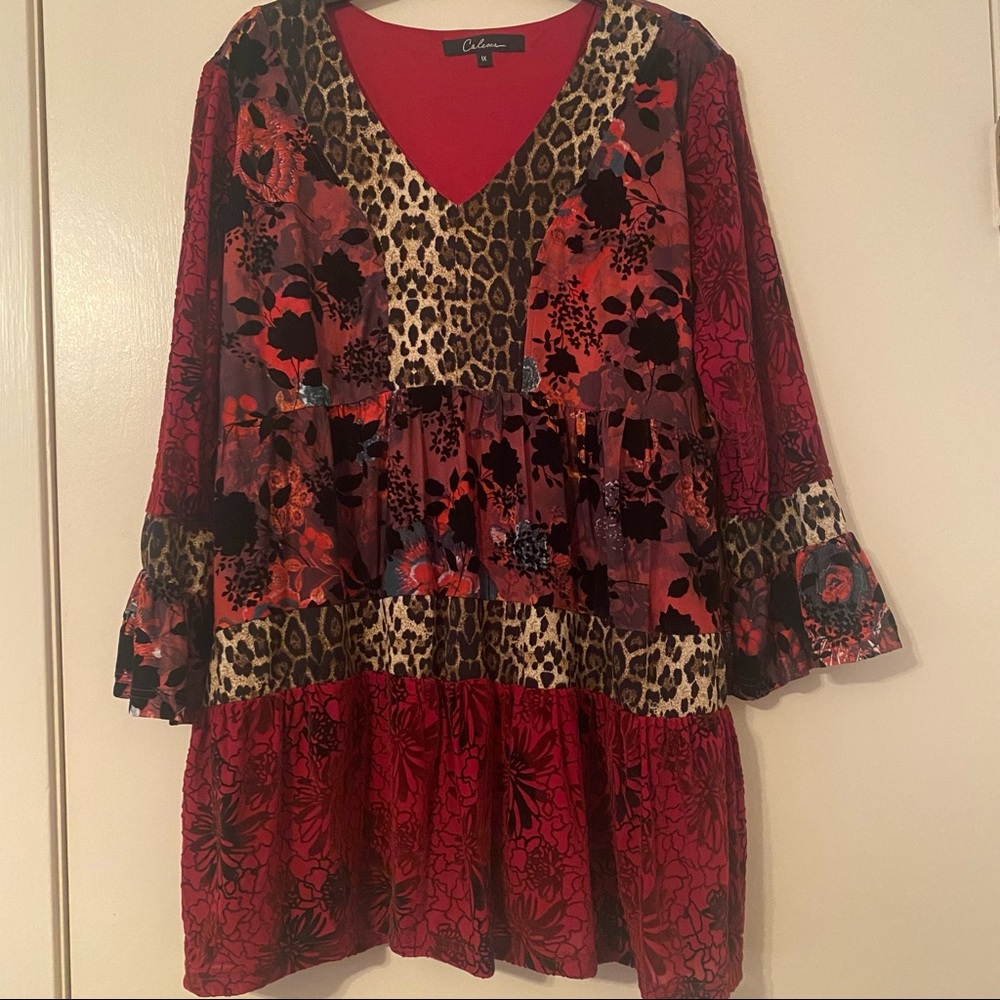 Calessa Plus Size Cheetah Floral Print V-Neck 3/4 Bell Sleeve Ruffle Hem Tunic
